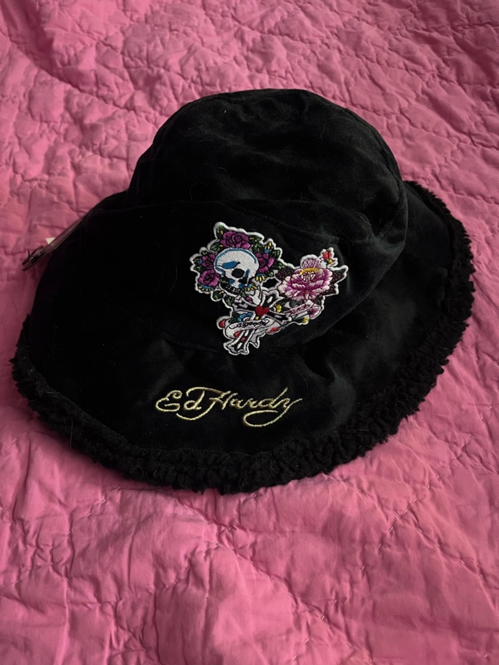 Ed Hardy Black Kids Bucket Hat with Floral Skull Patch and Gold Logo